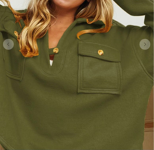 Olive Flapped Pockets Fleece Pullover