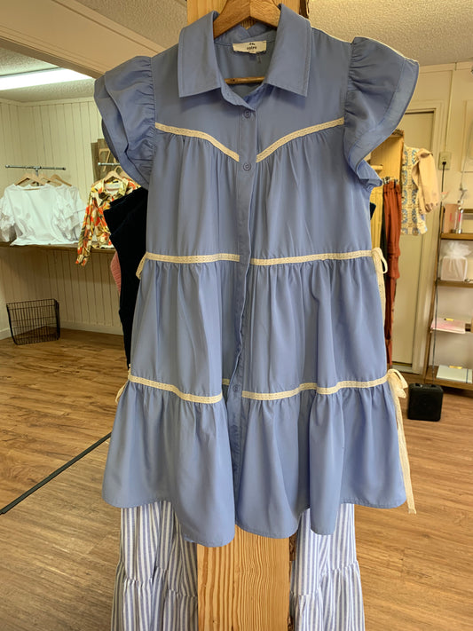 Ruffle Sleeve Chambray Dress With Lace Ties