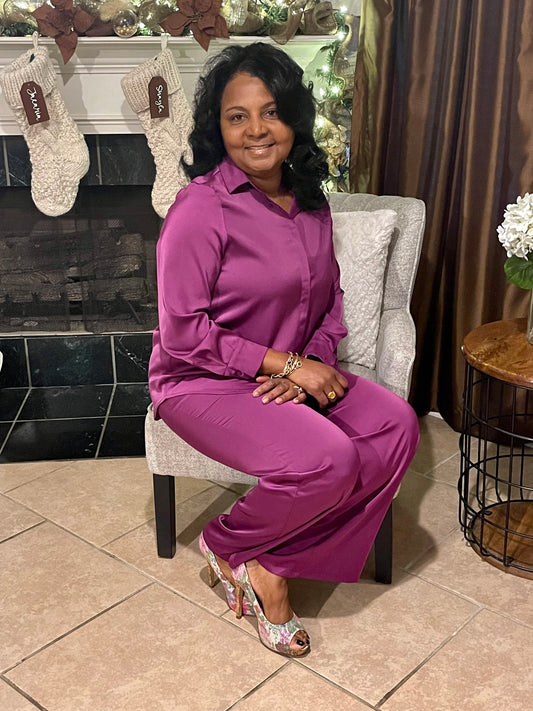 2pc Satin Magenta Long Sleeve Set