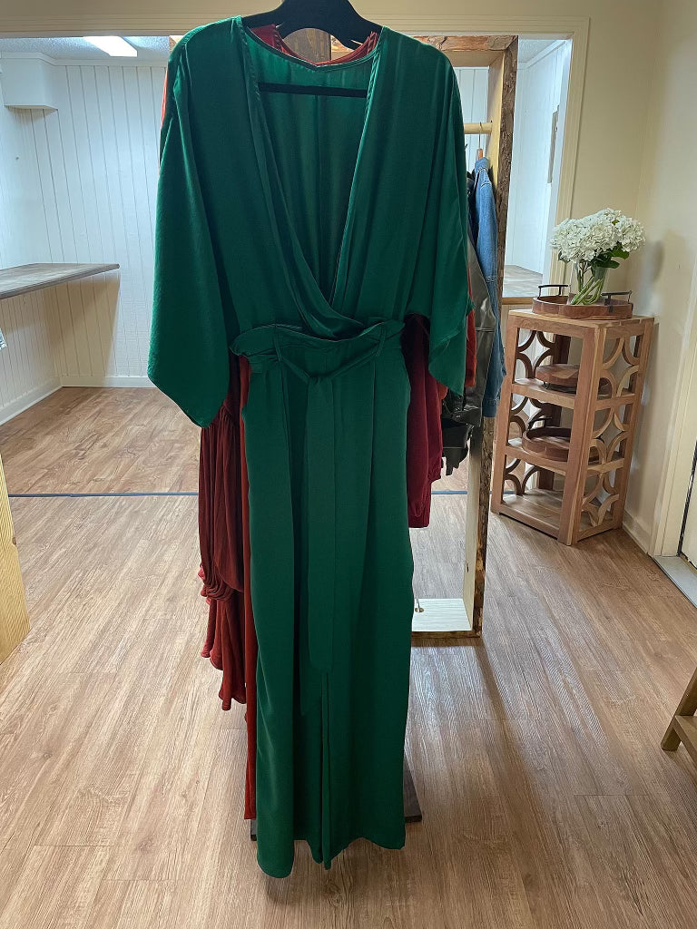 V Neck Satin Jumpsuit Green