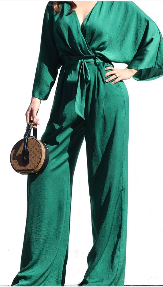 V Neck Satin Jumpsuit Green