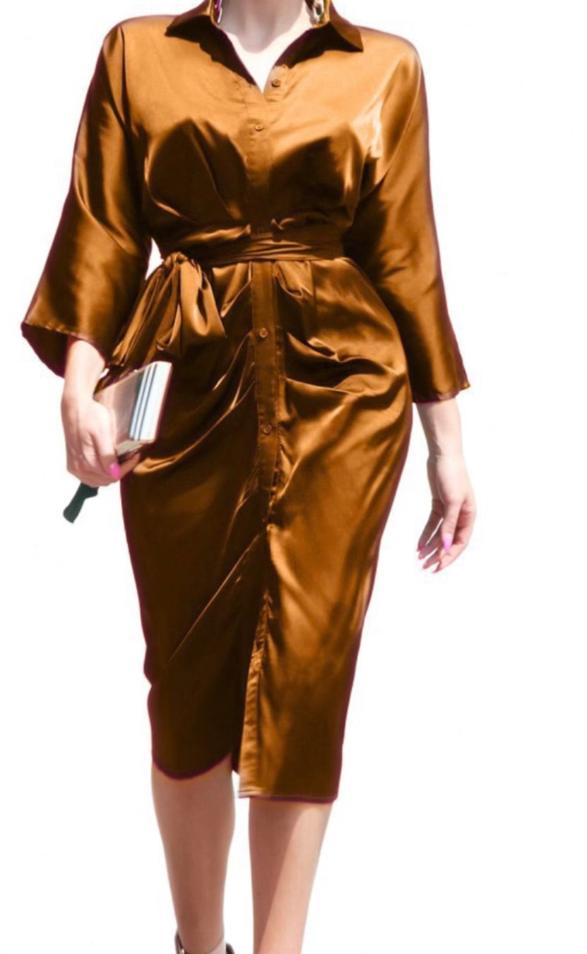 Button Down Satin Dress Espresso