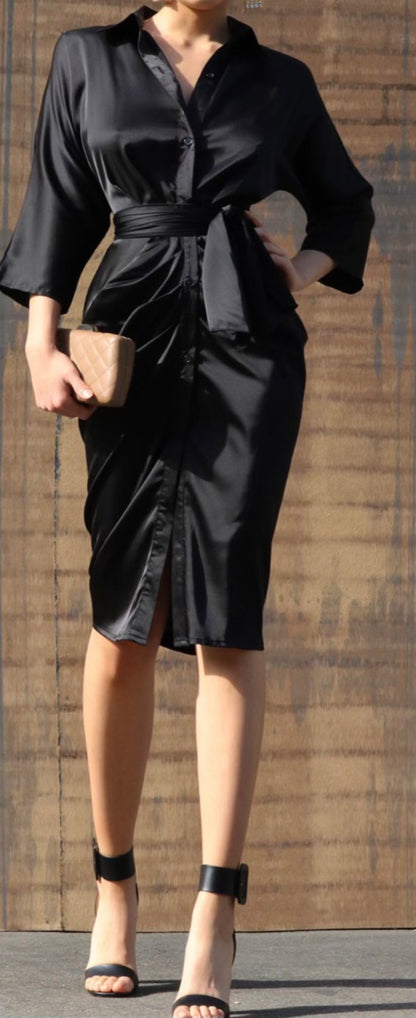 Button Down Satin Dress Black