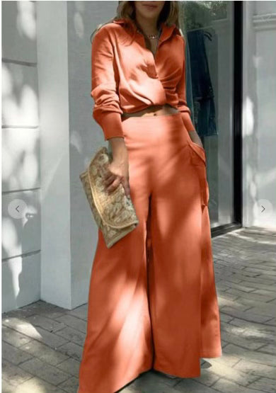 Trendy Burnt Orange Crop Top/High Waist Pant Suit