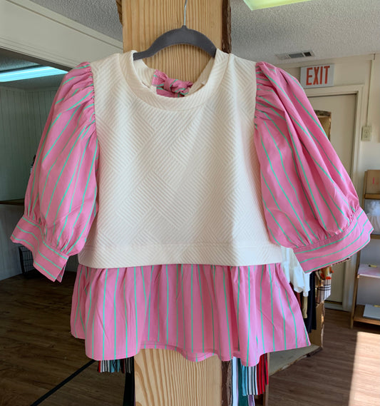 Cream Top With Pink & Green Stripes