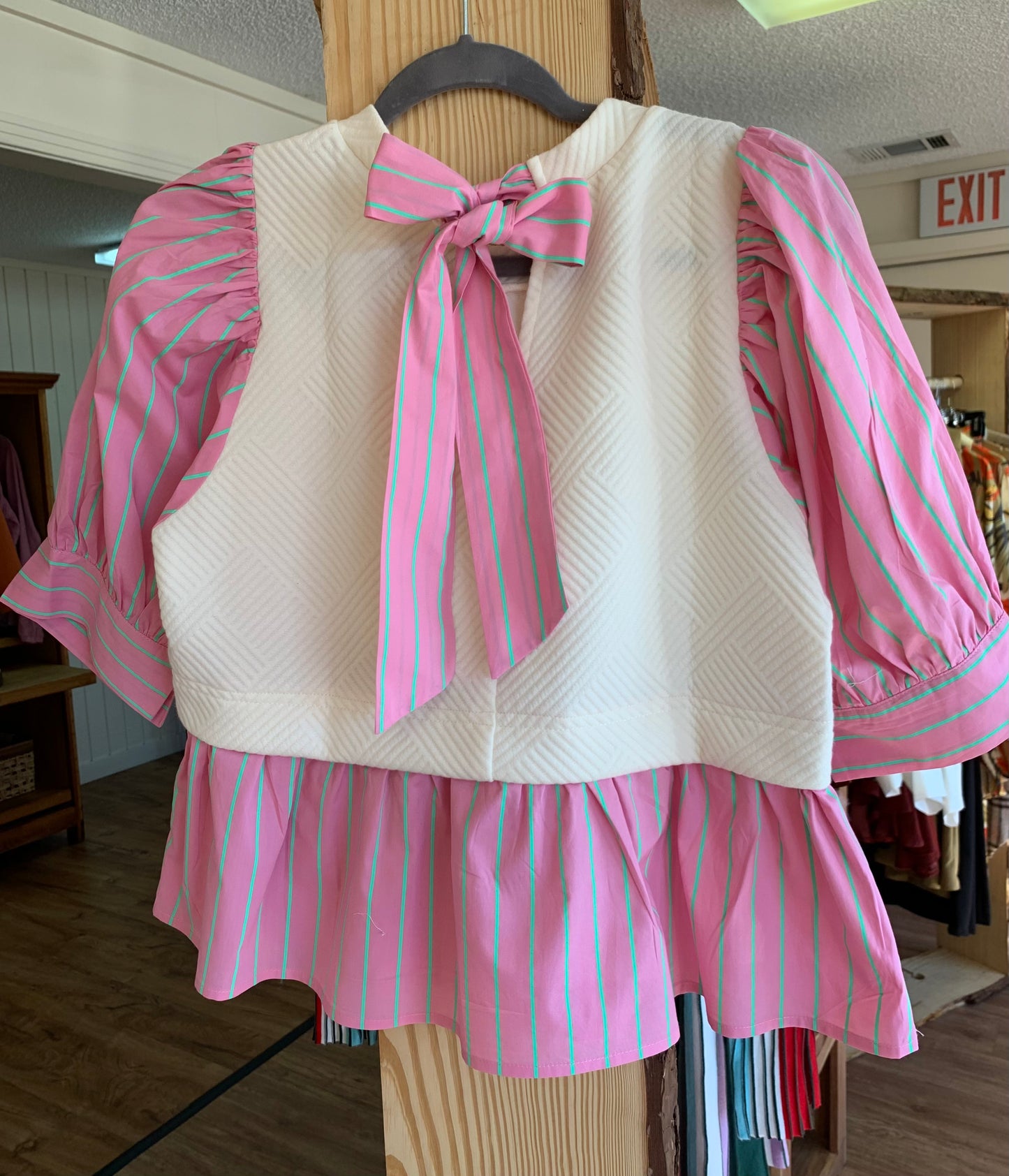 Cream Top With Pink & Green Stripes