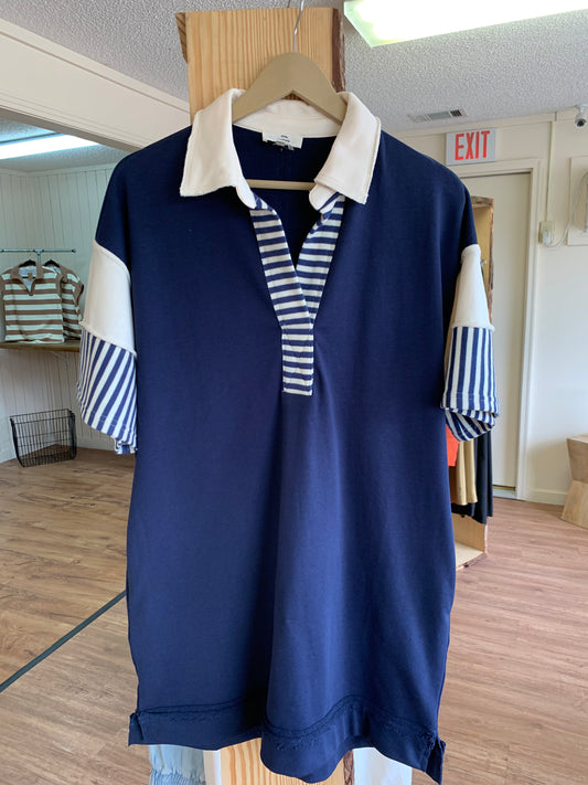 Navy & Cream Mixed Stripe & Colored Blocked Mini Dress