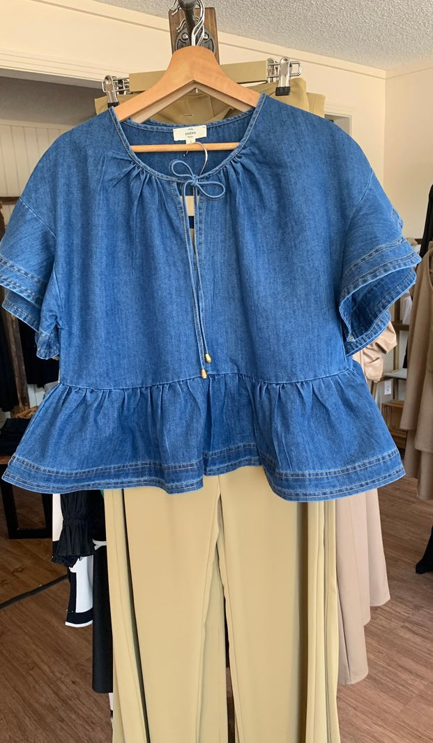 Denim Short Sleeve Ruffled Top