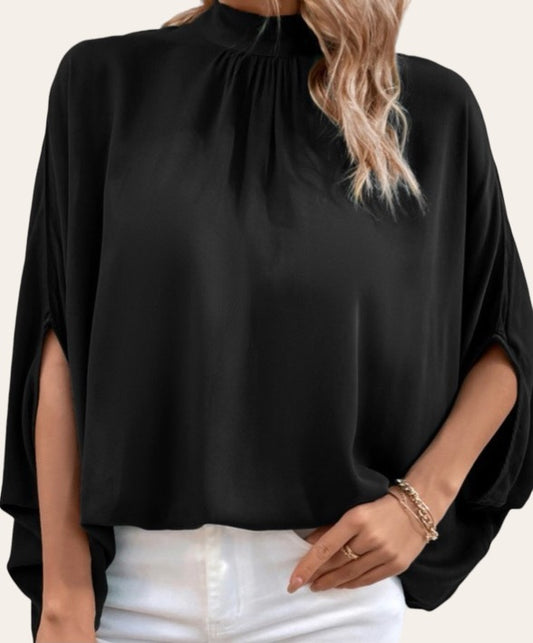 Mock Neck Tie Back Black Top